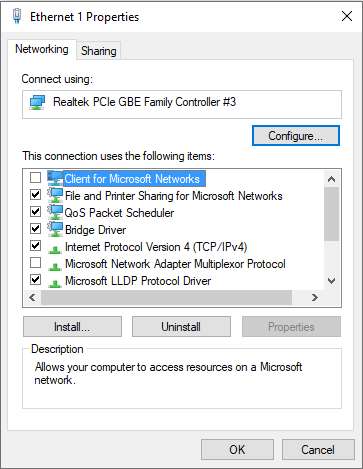 Ethernet Properties Dialog