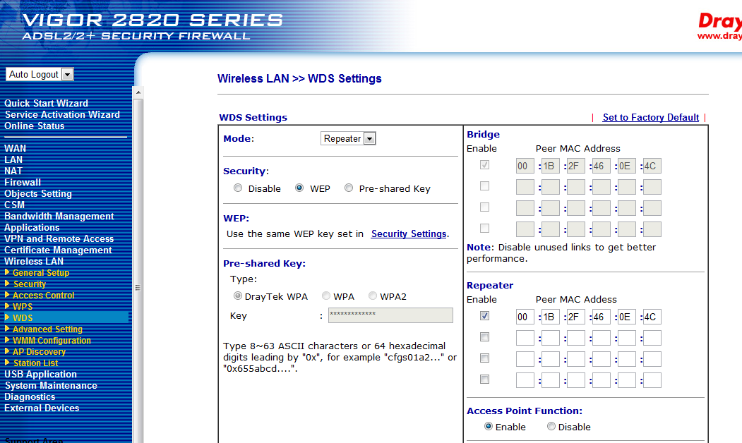 Draytek Wireless Settings